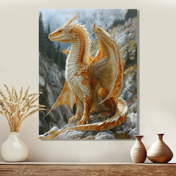 Yellow white Golden Wings Dragon - Dragons Large Canvas Wall Art
